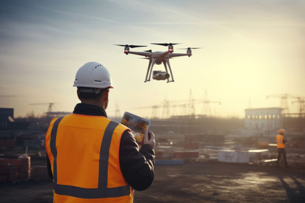 Engineer in white protective helmet controlling drone for aerial construction inspection at project construction site. Using drones and new technologies in construction