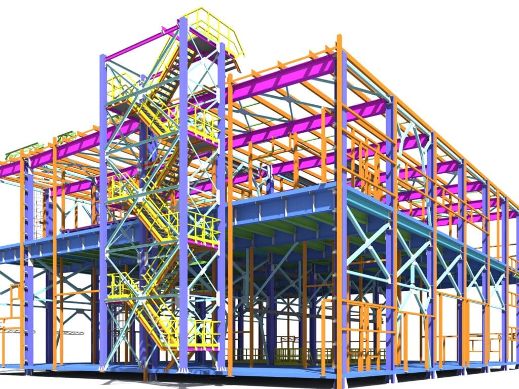 Building Information Model of metal structure. 3D BIM model. The building is of steel columns, beams, connections, etc. 3D rendering. Engineering, industrial, construction BIM background.