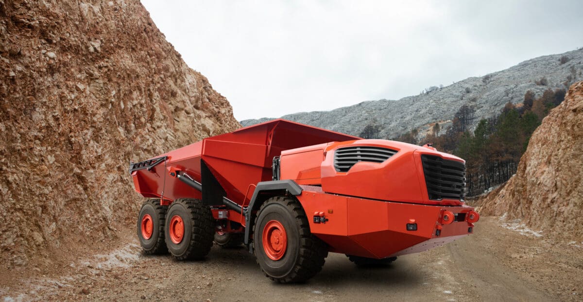 Autonomous self-driving truck on mountain road construction