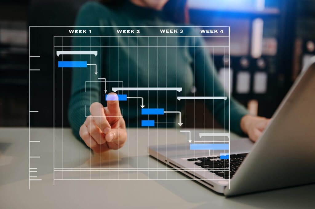 Project manager working and update tasks with milestones progress planning and Gantt chart scheduling diagram.business tram working at office